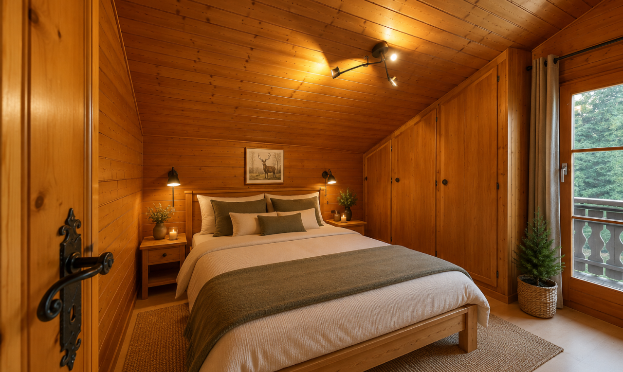 chambre avec plafond voûté, vaulted ceiling, dated wood wall, mur en bois, et wood wall