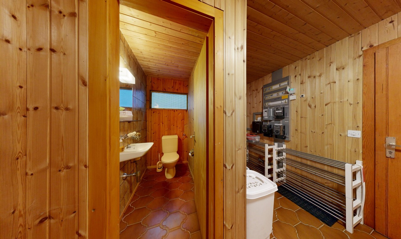 salle de bains avec toilette, inside property, mur en bois, wood wall, et dated wood wall