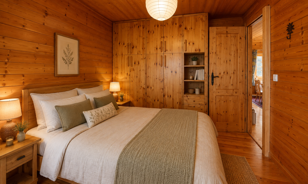 chambre avec plafond en bois, wood ceiling, mur en bois, wood wall, et inside property