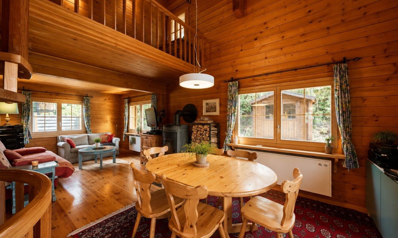 salle à manger avec high ceiling, plafond haut, wood wall, mur en bois, et dated wood wall