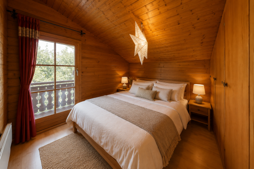 chambre avec plafond voûté, vaulted ceiling, mur en bois, wood wall, et dated wood wall