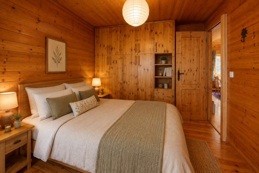 chambre avec plafond en bois, wood ceiling, mur en bois, wood wall, et inside property