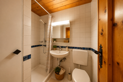 salle de bains avec mur en carrelage, tile wall, miroir, douche, et salle de bain complète
