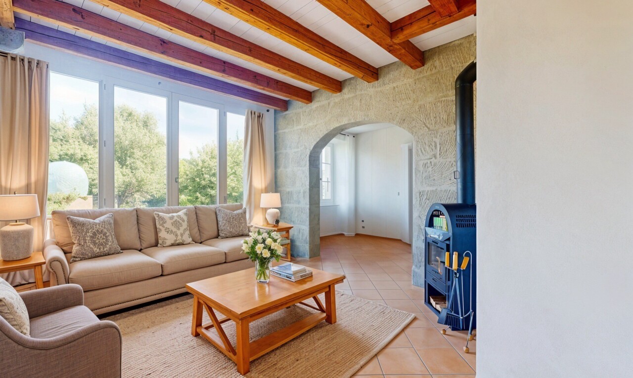 leerer raum mit gewölbte gehwege, natürliches licht, natural light, balkendecke, und beamed ceiling