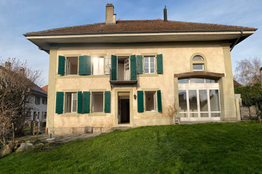 façade avec property visible, pelouse, bardage en stuc, cheminée, et day time