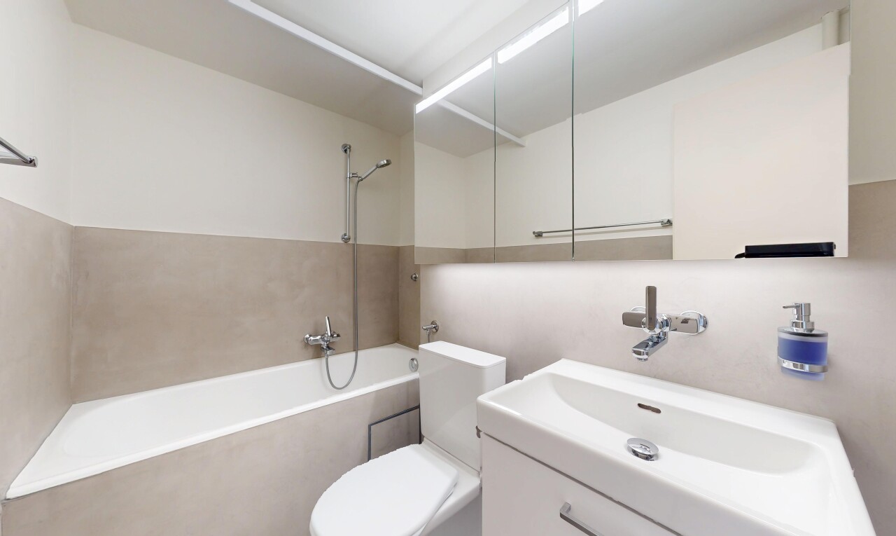 salle de bains avec évier, bain, salle de bain complète, inside property, et miroir