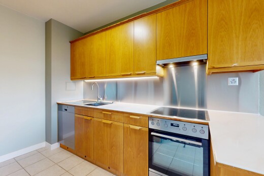 küche mit ofen, dunstabzugshaube, geschirrspülmaschine, waschbecken, und arbeitsplatten