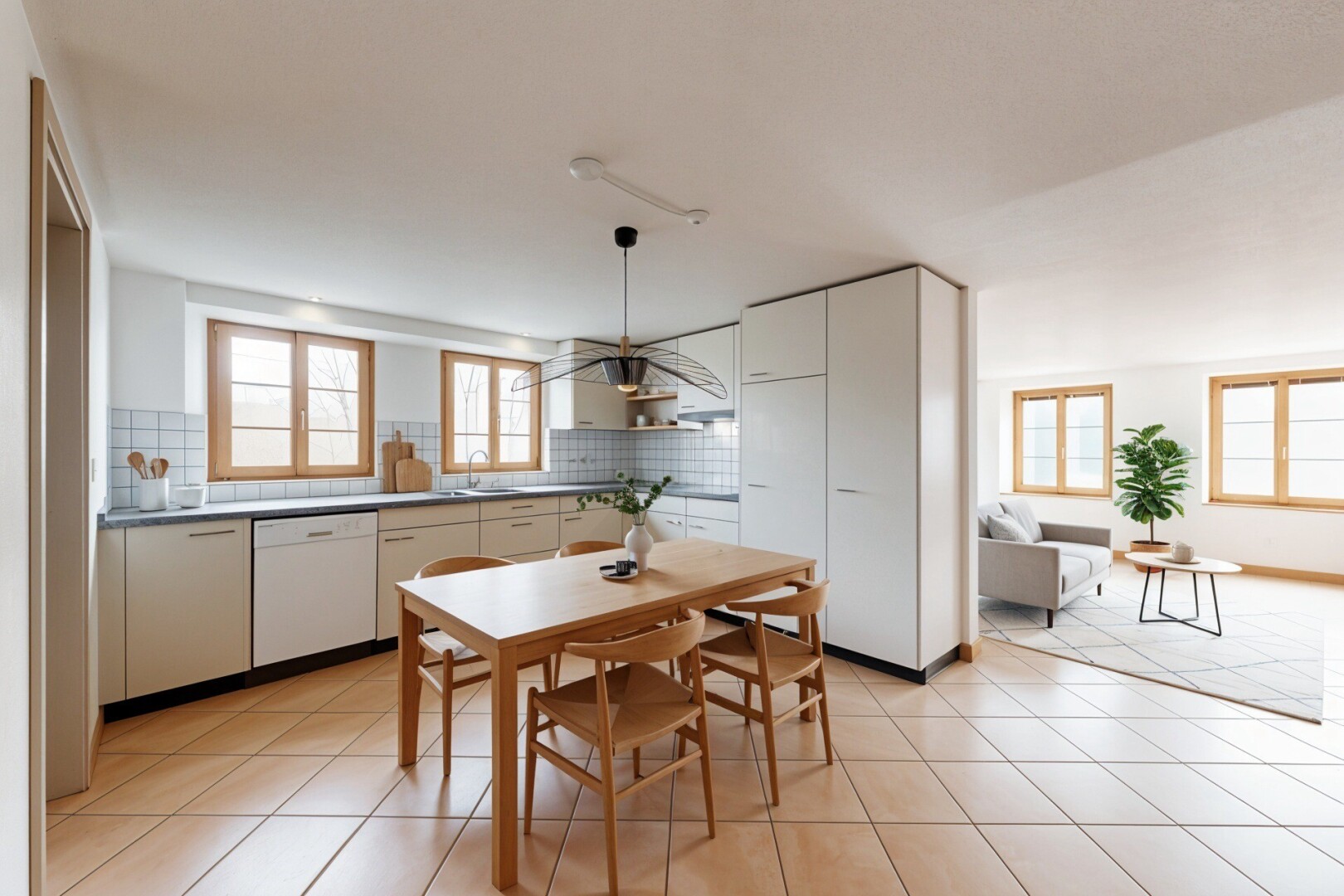küche mit küchenrückwand beim Herd, küchenrückwand beim herd, light floor, inside property, und geschirrspülmaschine