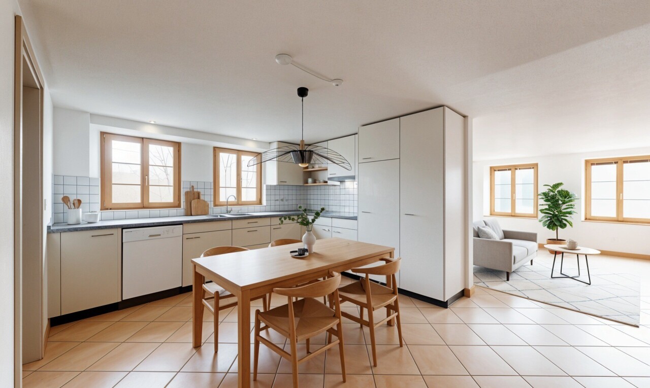 küche mit küchenrückwand beim Herd, küchenrückwand beim herd, light floor, inside property, und geschirrspülmaschine