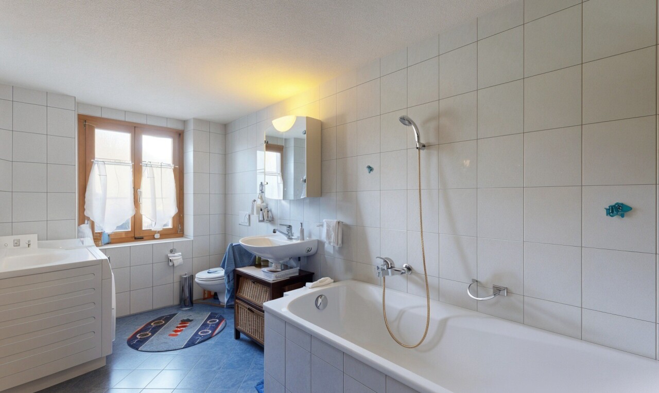 bad mit tile wall, fliesenwand, komplettes badezimmer, natural light, und natürliches licht