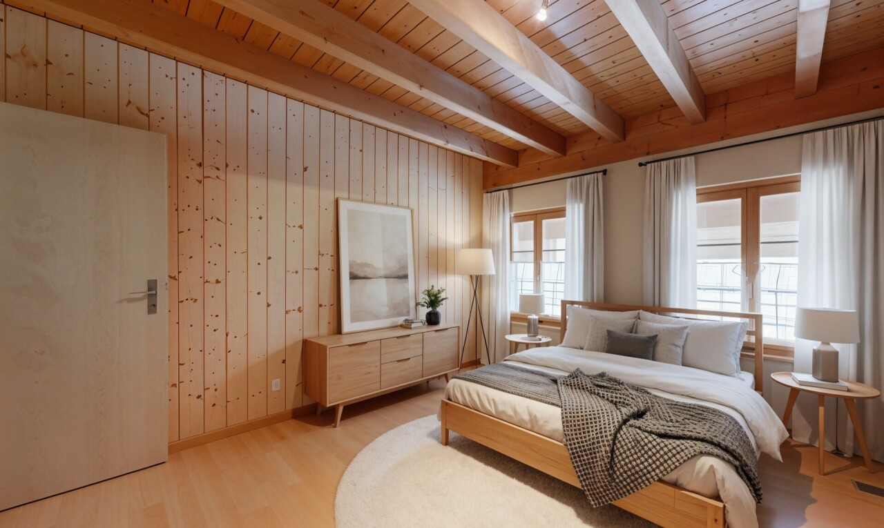 zimmer / schlafzimmer mit wood finish floor, holzfußboden, inside property, beamed ceiling, und balkendecke