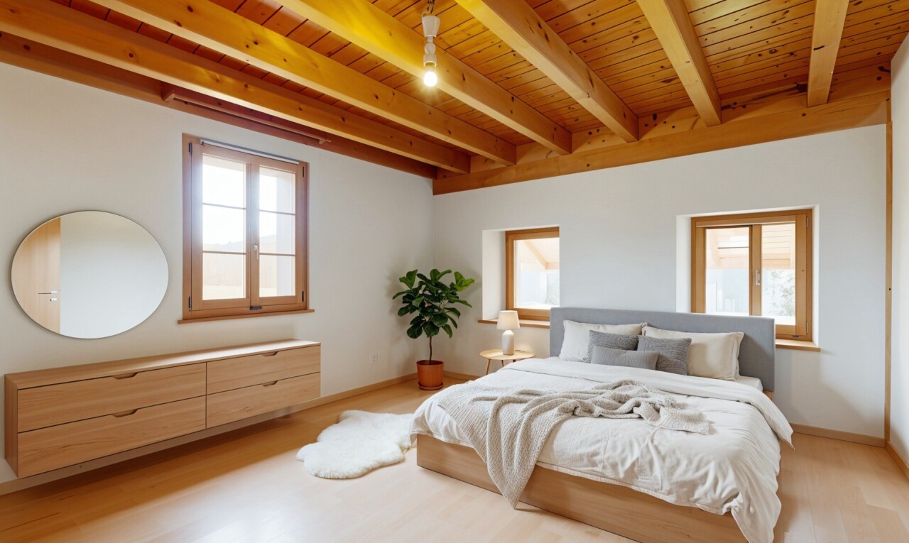 zimmer / schlafzimmer mit inside property, wood finish floor, holzfußboden, wood ceiling, und holzdecke