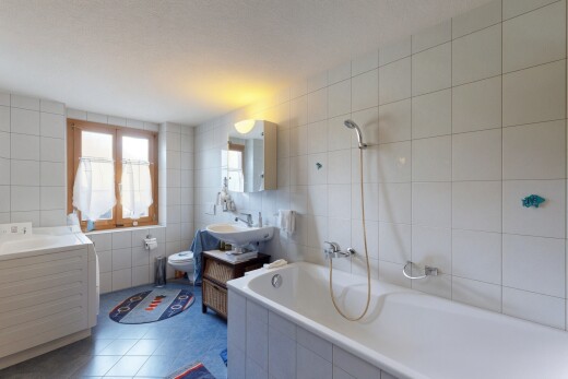 bad mit tile wall, fliesenwand, komplettes badezimmer, natural light, und natürliches licht