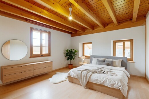 zimmer / schlafzimmer mit inside property, wood finish floor, holzfußboden, wood ceiling, und holzdecke