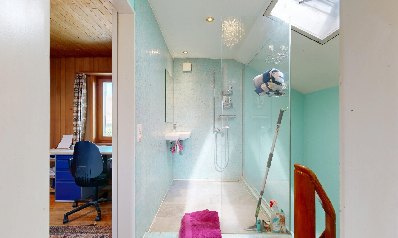 bathroom with walk in shower, a skylight, and recessed lighting