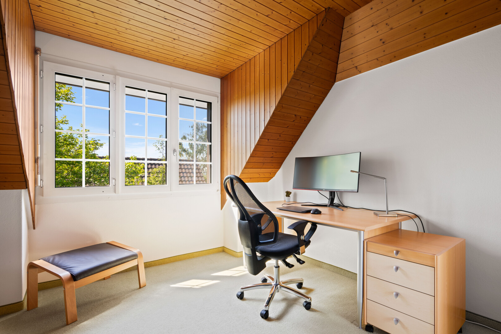 büro mit bürobereich, natürliches licht, natural light, teppich, und carpet