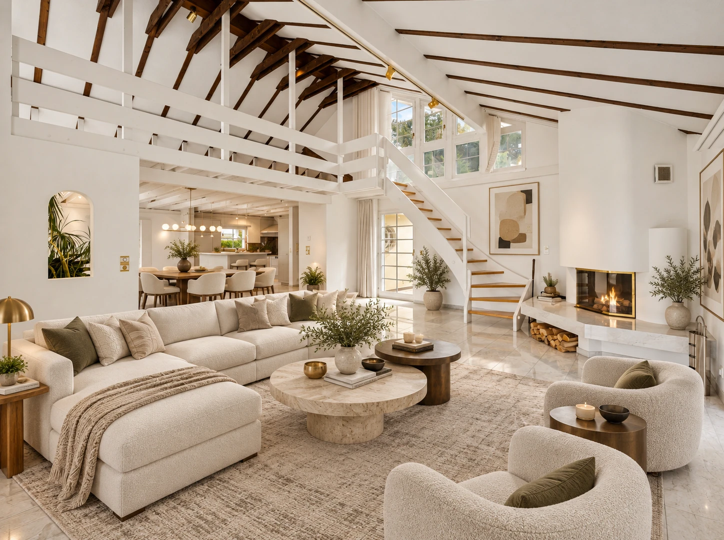 wohnzimmer mit hohe decke, high ceiling, treppen, balkendecke, und beamed ceiling