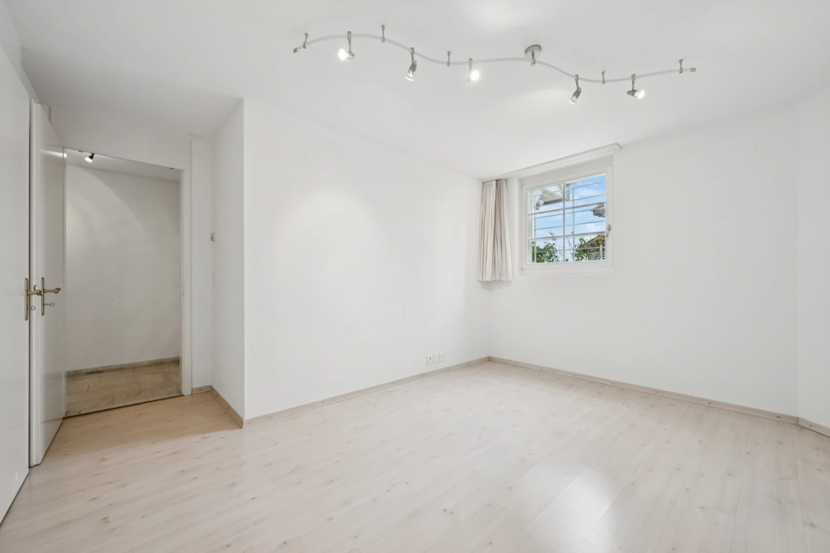 leerer raum mit deckenbeleuchtung, gipskartonwand, drywall, light floor, und holzfußboden