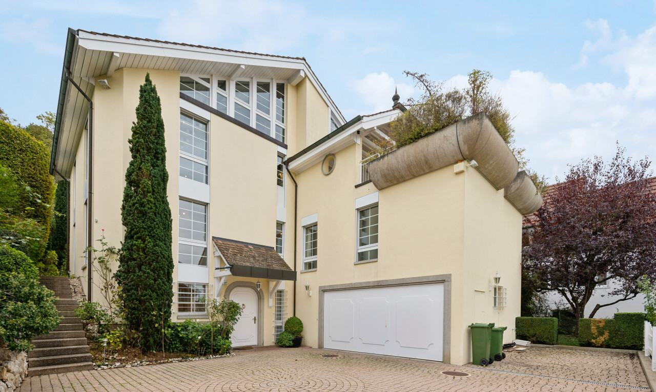 außenansicht mit auffahrt, stuckverkleidung, eingebaute garage, und day time