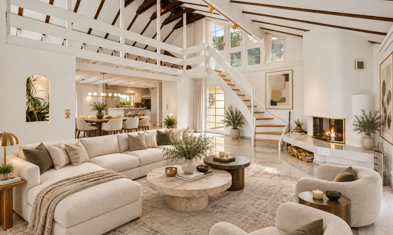 wohnzimmer mit hohe decke, high ceiling, treppen, balkendecke, und beamed ceiling