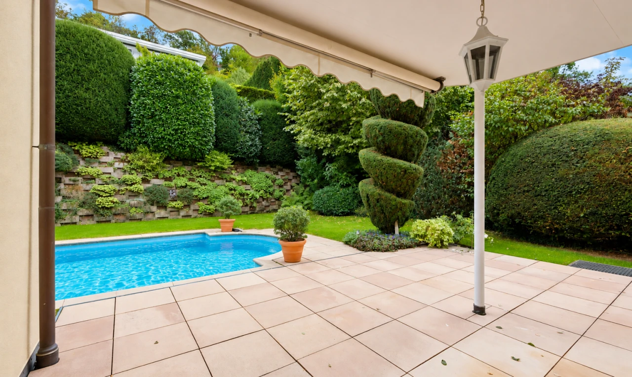 schwimmbad mit terrasse, schwimmbad, und day time