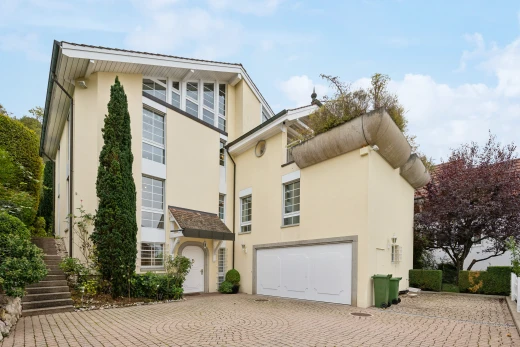 außenansicht mit auffahrt, stuckverkleidung, eingebaute garage, und day time