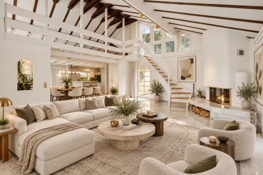 wohnzimmer mit hohe decke, high ceiling, treppen, balkendecke, und beamed ceiling