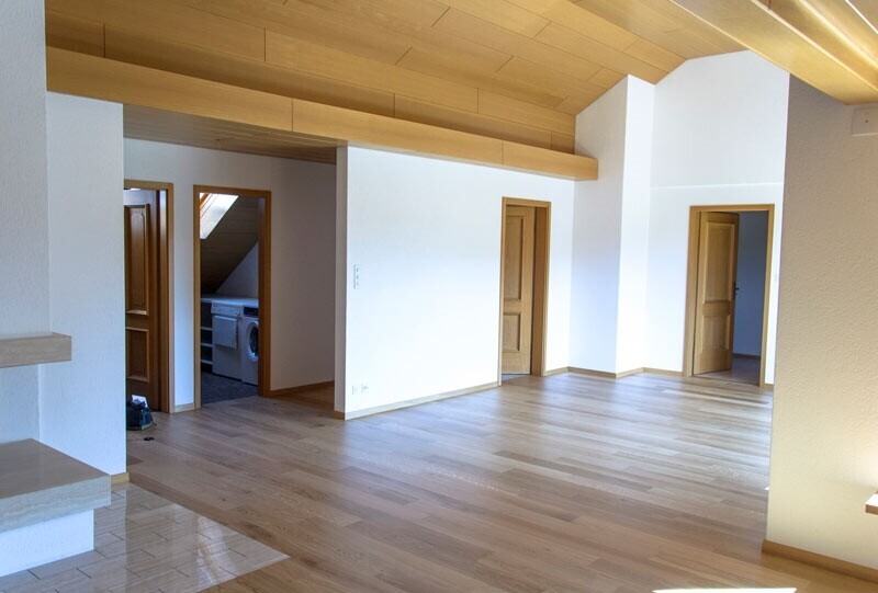pièce vide avec inside property, sol en finition bois, wood finish floor, plafond voûté, et vaulted ceiling