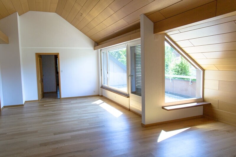 pièce vide avec plafond voûté, vaulted ceiling, plafond en bois, wood ceiling, et lumière naturelle