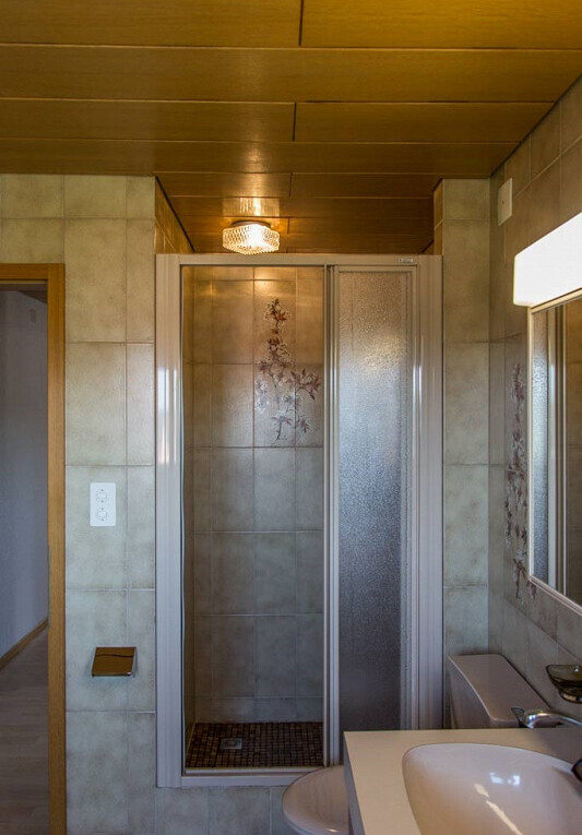 salle de bains avec douche et salle de bain complète