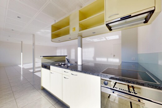 küche mit ofen, dunstabzugshaube, dark countertops, inside property, und herd