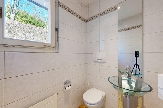 bad mit inside property, gäste-wc, fliesenwand, tile wall, und natürliches licht