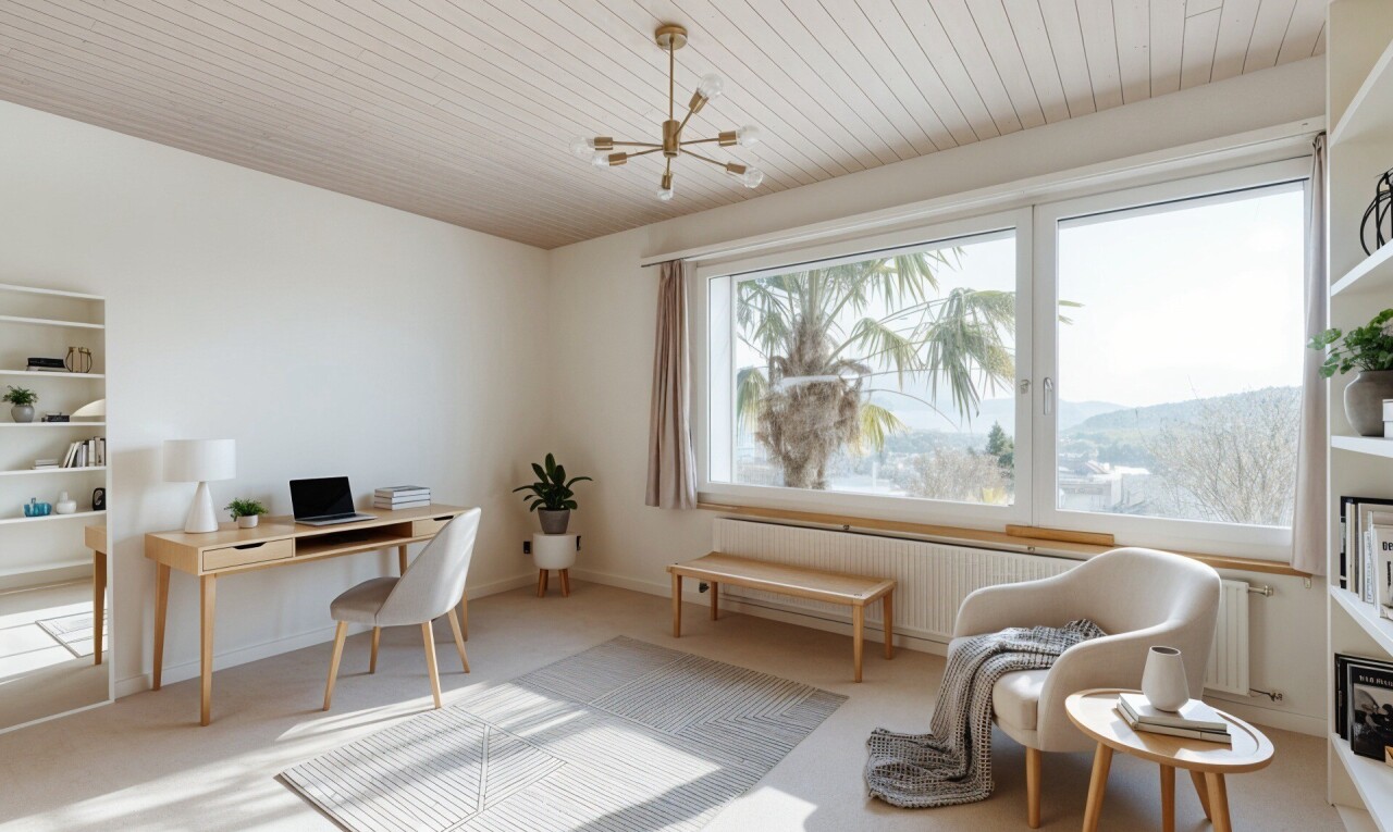 bureau avec virtually staged, inside property, espace bureau, lumière naturelle, et natural light