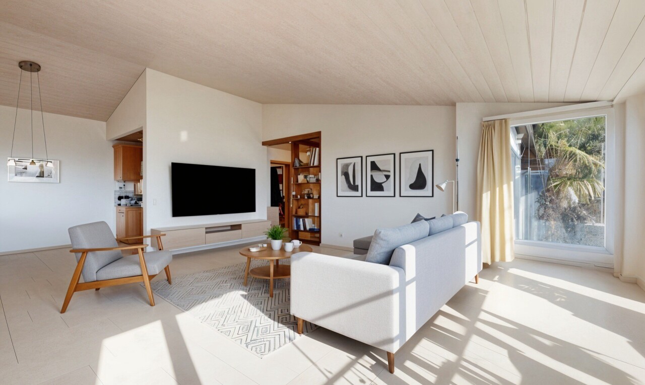 salon avec plafond voûté, vaulted ceiling, télévision, inside property, et cloison sèche