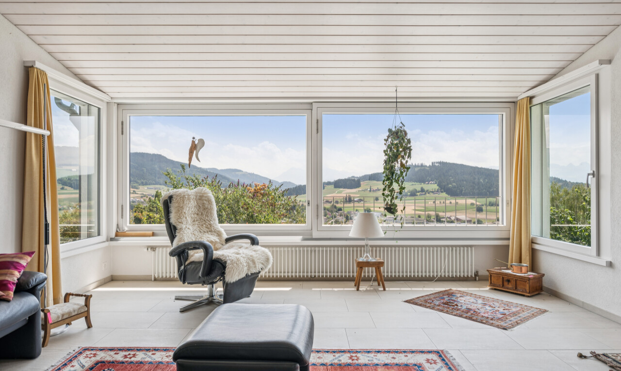 salon avec radiateur, véranda, mountain view, vue sur la montagne, et day time