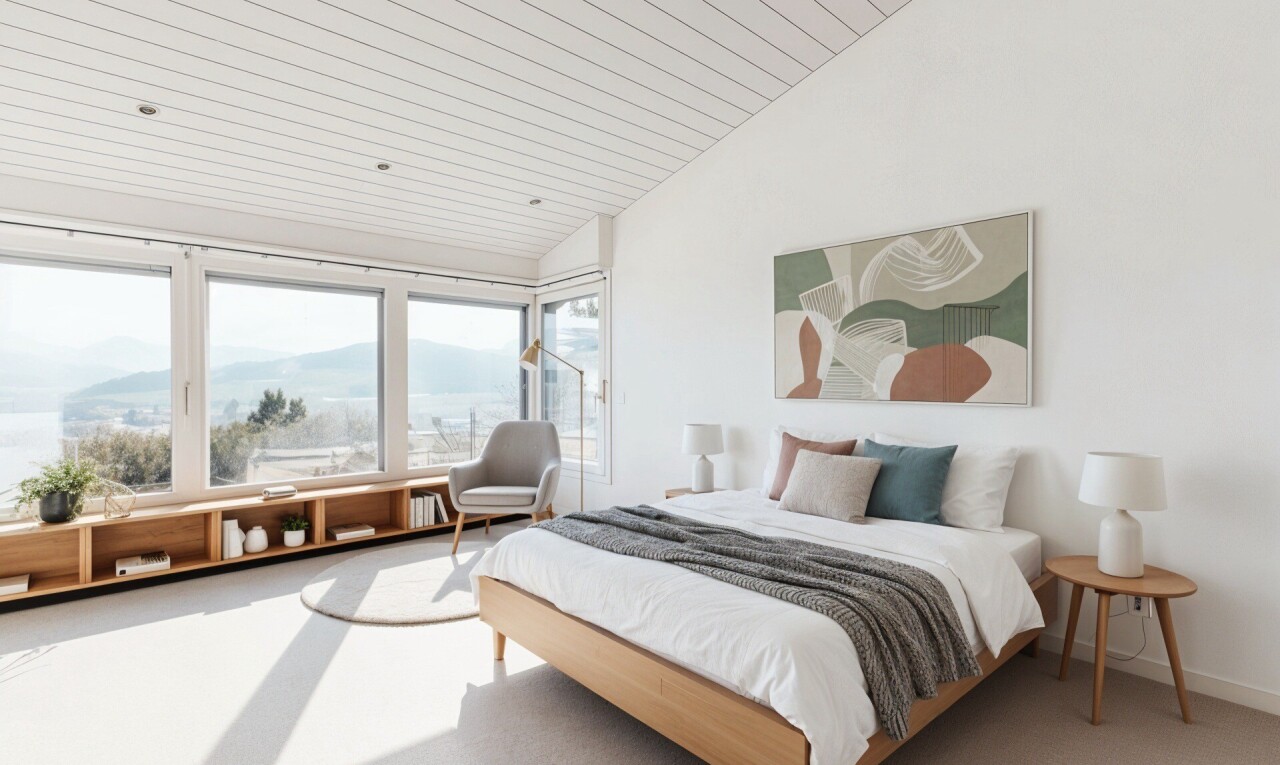 chambre avec vue sur la montagne, mountain view, cloison sèche, drywall, et lumière naturelle