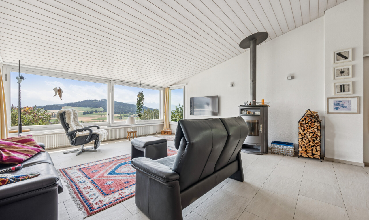 wohnzimmer mit holzofen, drywall, gipskartonwand, vaulted ceiling, und dachschräge