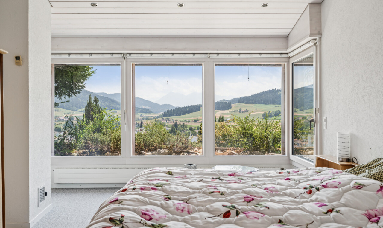 chambre avec vue sur la montagne, mountain view, carpet, moquette, et view focus