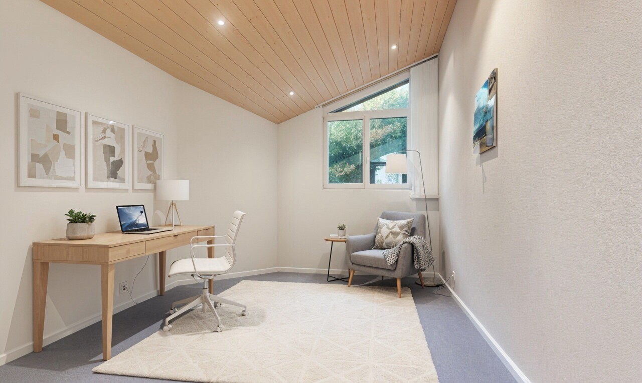 bureau avec espace bureau, moquette, carpet, éclairage encastré, et recessed lighting