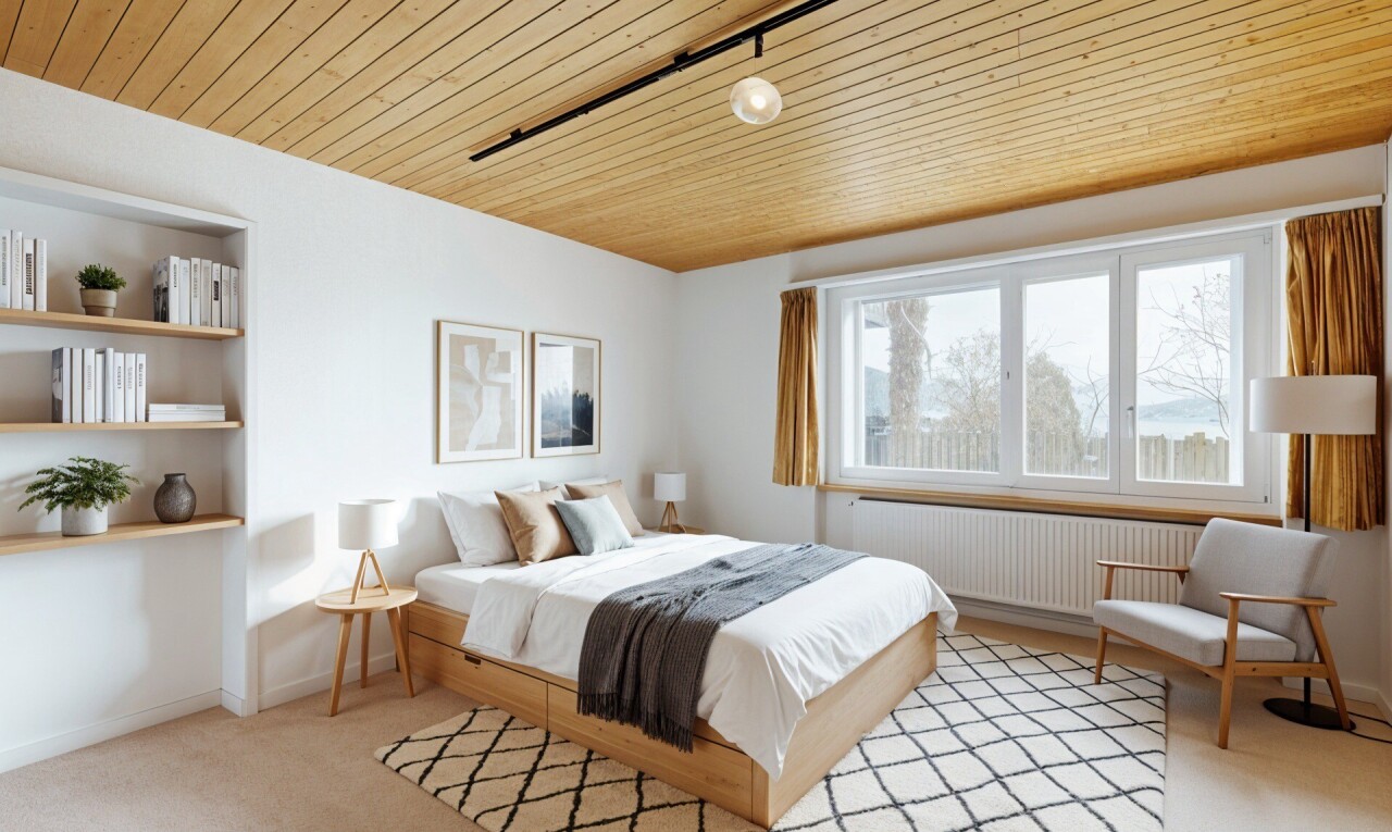 chambre avec plafond en bois, wood ceiling, moquette, carpet, et inside property