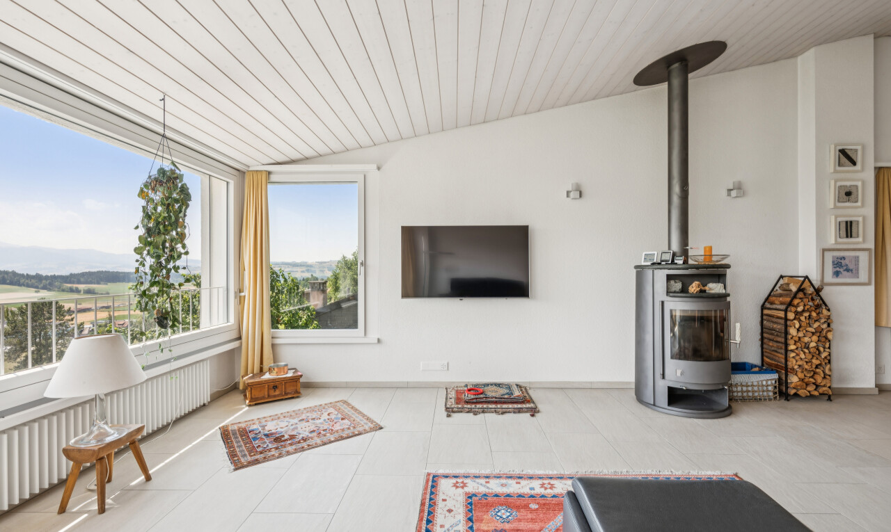 salon avec poêle à bois, radiateur, télévision, drywall, et cloison sèche