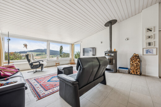 wohnzimmer mit holzofen, drywall, gipskartonwand, vaulted ceiling, und dachschräge