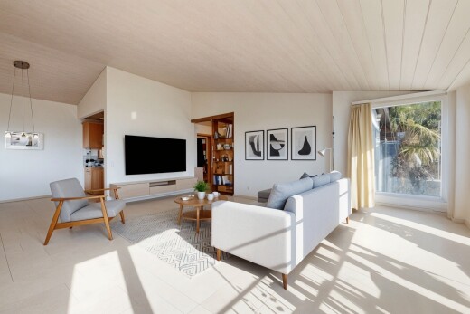 salon avec plafond voûté, vaulted ceiling, télévision, inside property, et cloison sèche