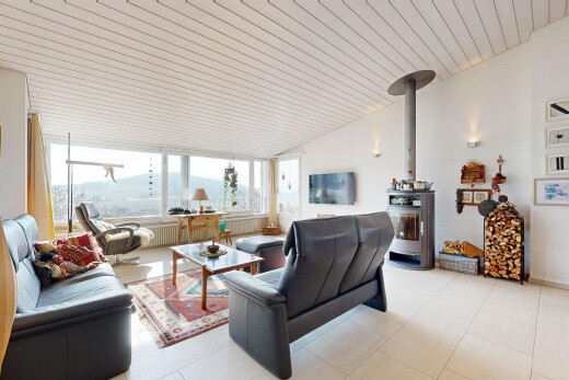 living area featuring a vaulted wooden ceiling and a wood stove