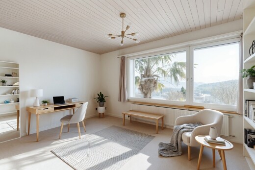 carpeted office with wood ceiling and radiator heating unit