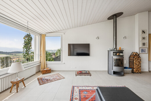 wohnzimmer mit holzofen, kühler, fernseher, drywall, und gipskartonwand