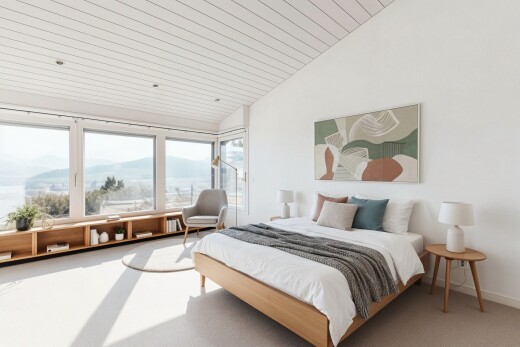 carpeted room featuring a mountain view and lofted ceiling