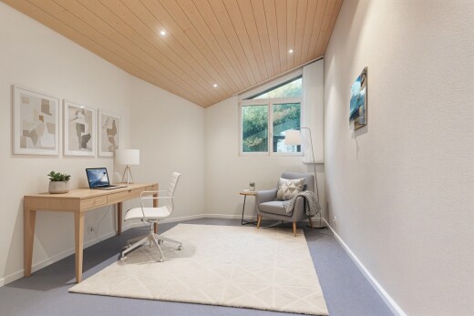 home office with carpet floors, recessed lighting, and a vaulted wood ceiling