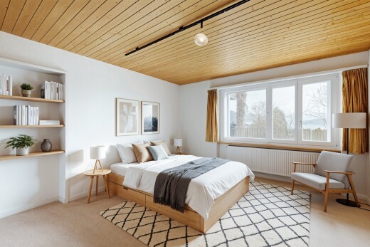 chambre avec plafond en bois, wood ceiling, moquette, carpet, et inside property