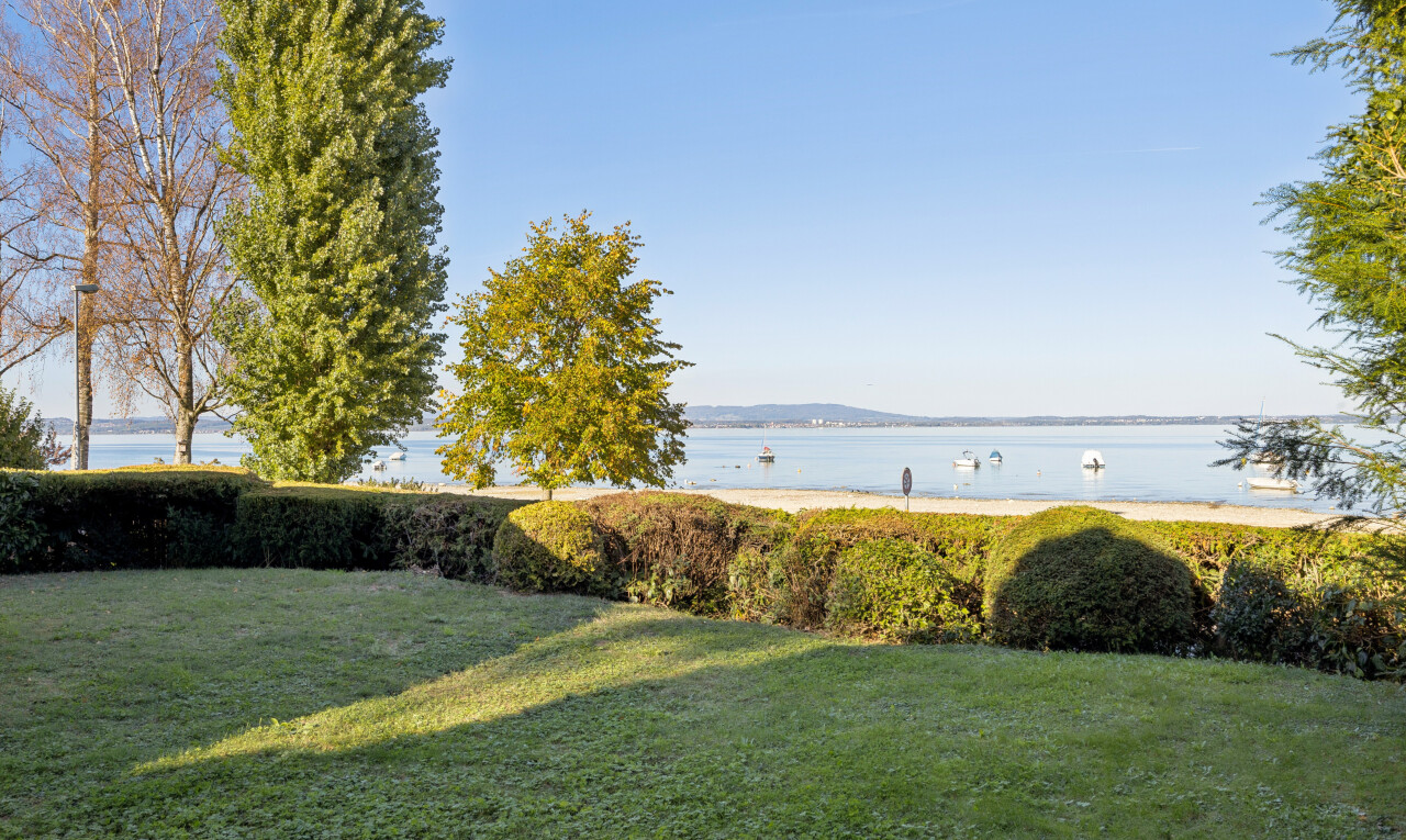 garten mit seesicht, water view, rasen, und day time